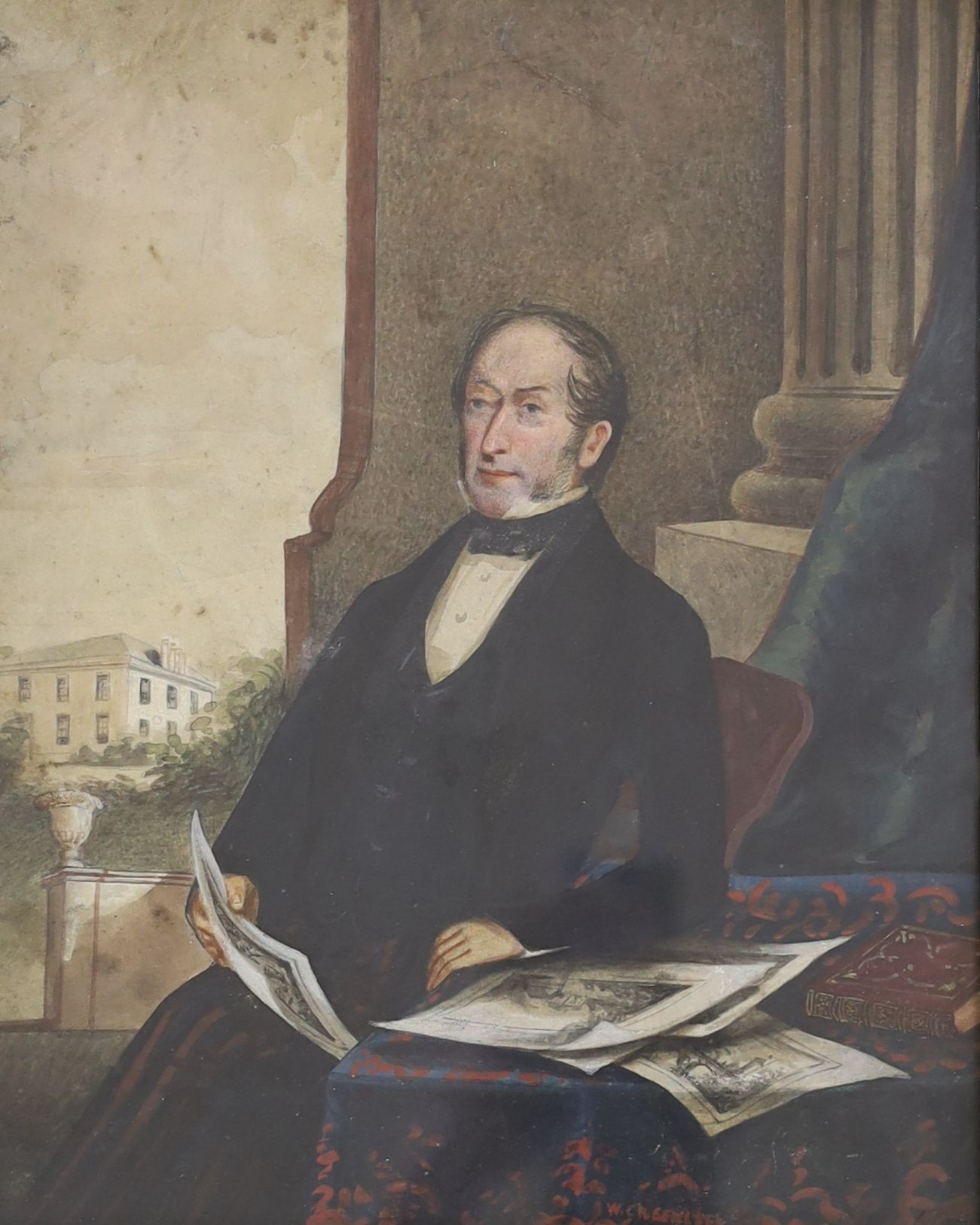 William Greenlees (19th C.), watercolour, Half length portrait of a gentleman seated in a drawing room, signed and dated 1850, 25 x 20cm and a handtinted decoupagé, 17 x 23cm